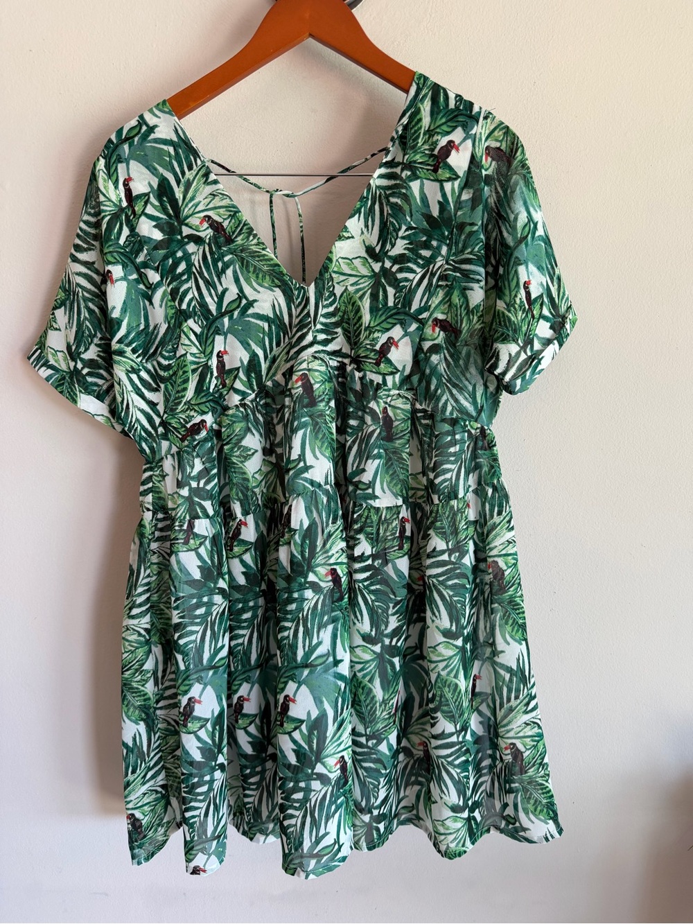 Farmers Market by Oneworld Tropical‎ Palm Toucan Print Babydoll Dress Green M